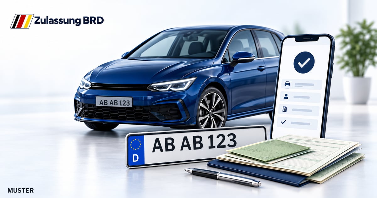 Online Fahrzeugzulassung in Hösbach: Musterkennzeichen AB AB 123, Auto und Fahrzeugpapiere und Smartphone. Illustration mit Logo von Zulassung BRD.
